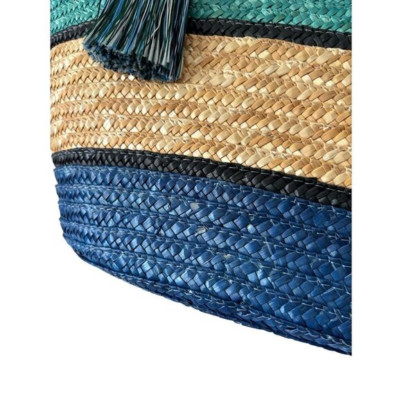 Rebecca Minkoff Woven Straw Tote Shoulder Bag Tan Blue Teal - Picture 12 of 15